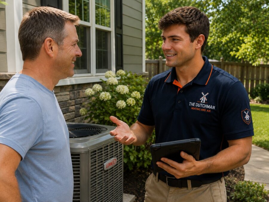 The Dutchman technician explaining options to a homeowner beside an air conditioner